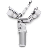 Light gray 3-axis gimbal with camera mount, front view, upright handle