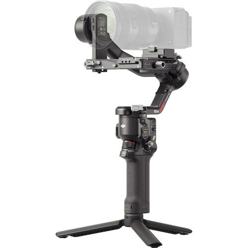 DJI RS 4 gimbal stabilizer close side view with mounted camera and lens assembly