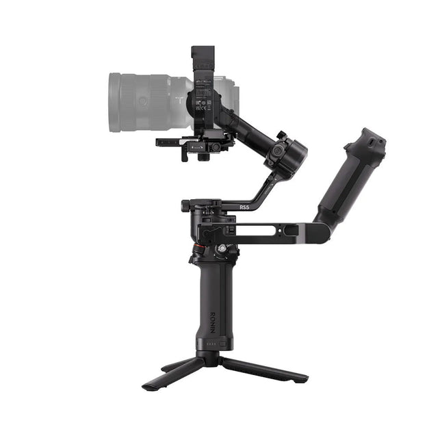 Black 3-axis handheld gimbal stabilizer with extended handle and tripod base