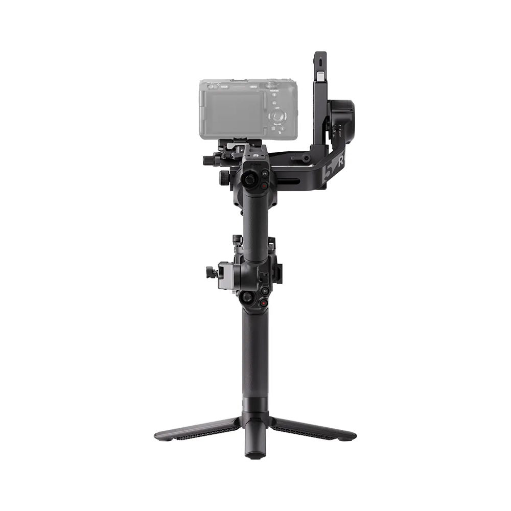 Black gimbal stabilizer with camera mount and counterweight arm with tripod base