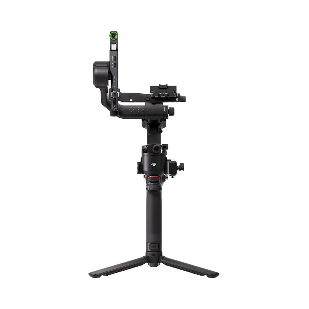 Black 3-axis gimbal stabilizer upright view with camera mounting bracket