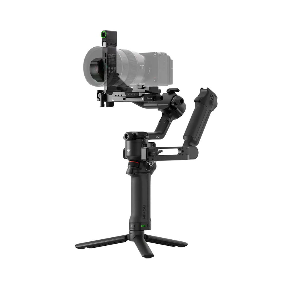 3-axis gimbal stabilizer with lens support ring and mounted camera bracket