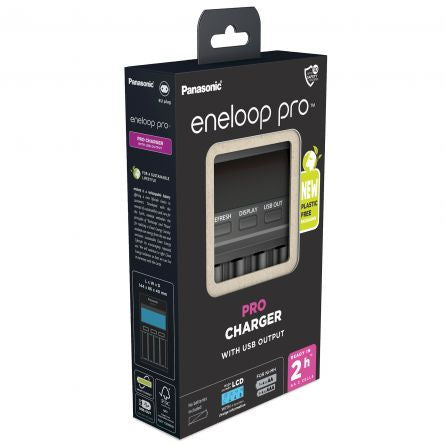 Încărcător baterii Panasonic eneloop pro cu LCD și USB, negru, tip box