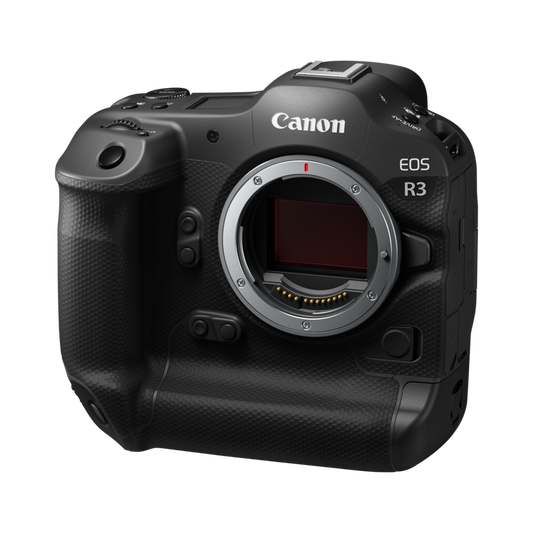 Aparat foto mirrorless, Canon EOS R3, cu montură obiectiv și logo Canon