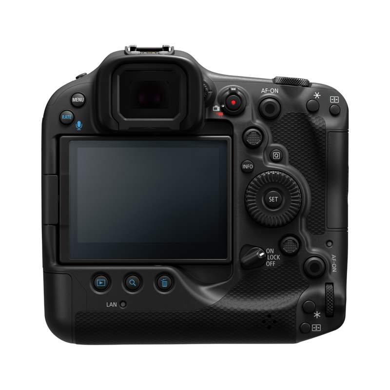 EOS R3 mirrorless camera body, back view with LCD screen and control buttons