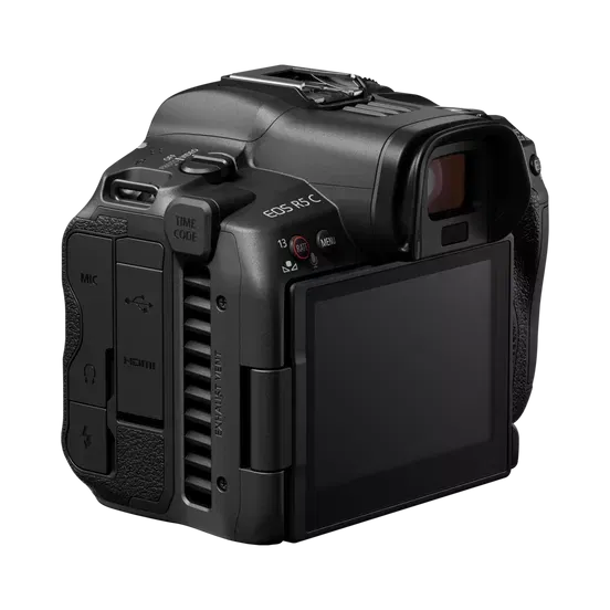 Black mirrorless camera side view with HDMI and audio ports panel and hand grip