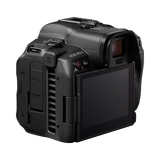 Black mirrorless camera side view with HDMI and audio ports panel and hand grip