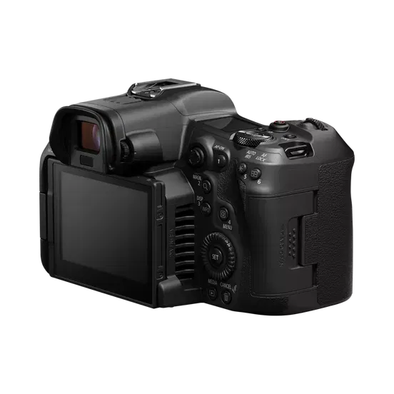 Black mirrorless camera three-quarter view with top controls and rear LCD screen