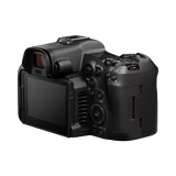 Black mirrorless camera three-quarter view with top controls and rear LCD screen
