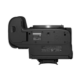 Black mirrorless camera back view showing rear screen hinge and label panel