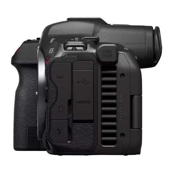 Black mirrorless camera rear-side view with TIME CODE and MIC buttons and ports