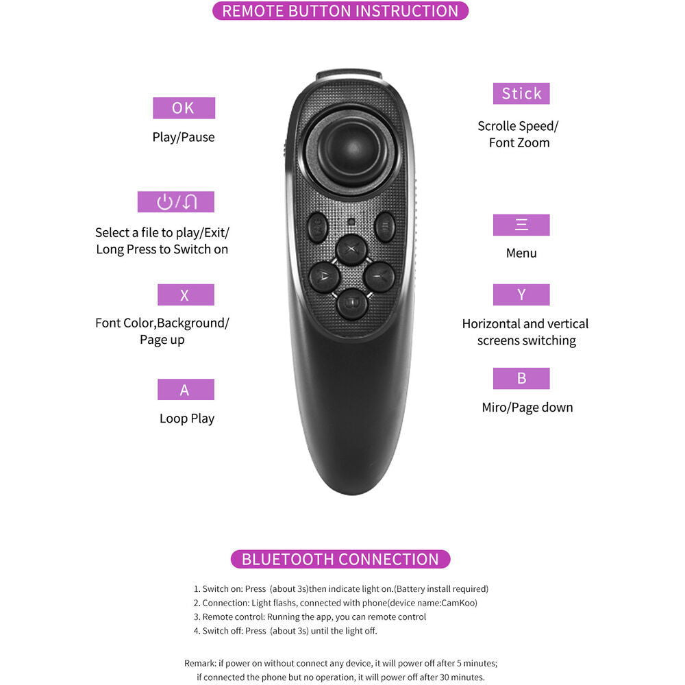 Bluetooth teleprompter remote control with button layout for play, menu, and scrolling