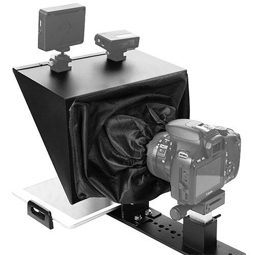 Teleprompter with black hood, camera rig, and dual top screen mounts