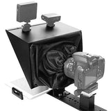 Teleprompter with black hood, camera rig, and dual top screen mounts