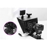 Teleprompter with black hood and camera mount; inset shows close-up control buttons