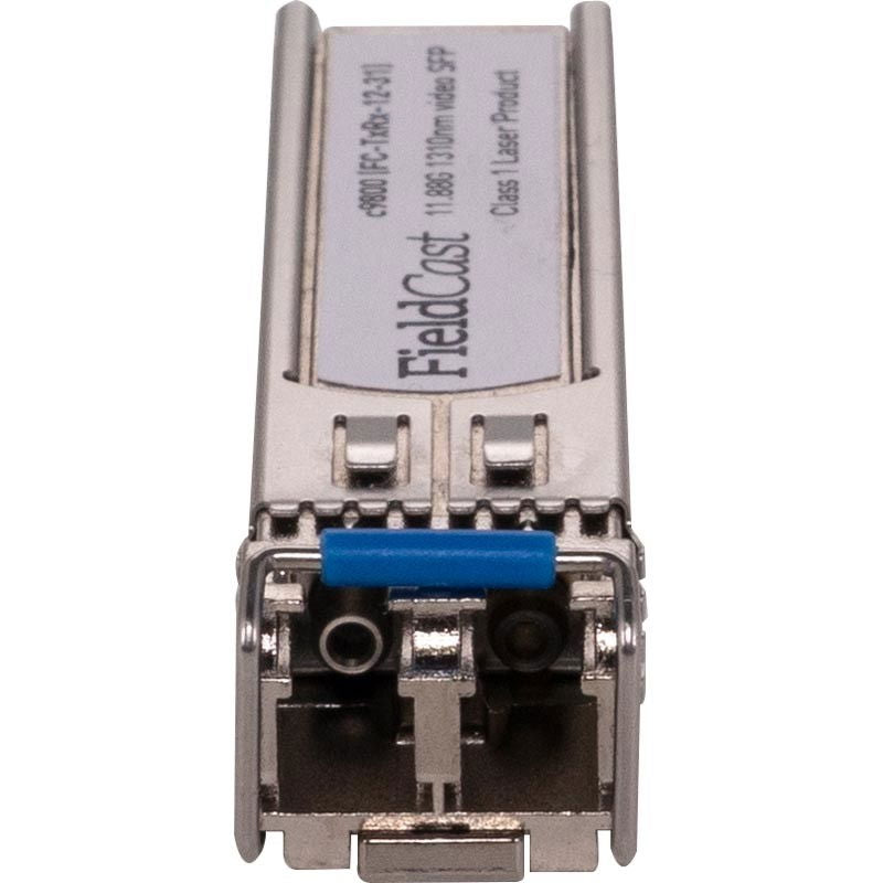 SFP optic transceiver front view with fiber receptacles and FieldCast label on faceplate