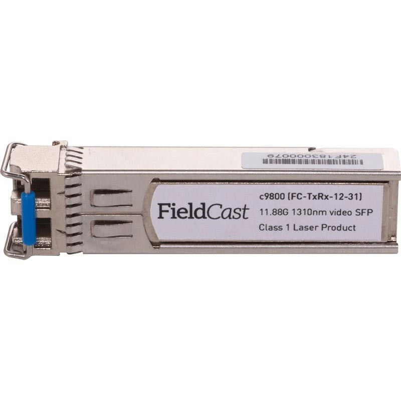 12G SFP optic transceiver side view with 1310nm video SFP text and latch tab