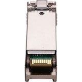 SFP transceiver underside view with gold contact pins and dark connector area