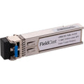 12G SFP optic transceiver with metal body and blue fiber port, front label visible