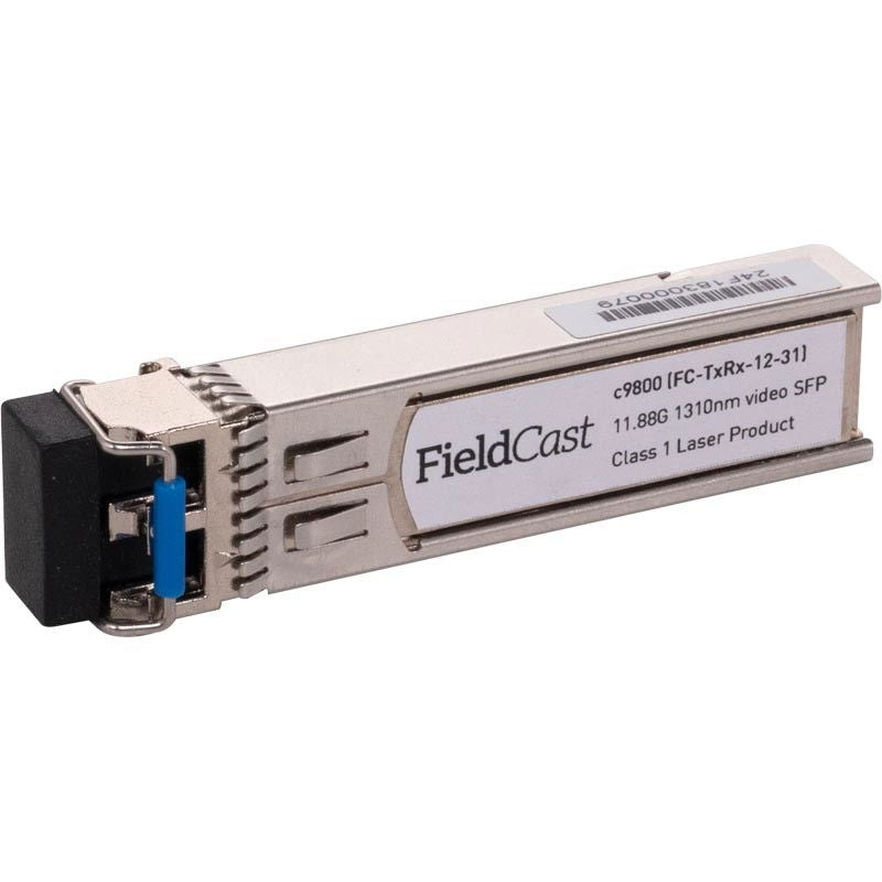 12G SFP optic transceiver with metal body and blue fiber port, front label visible