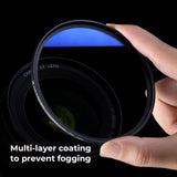 UV 77mm MC filter with multi-layer coating, held by fingers