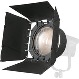 Fresnel lens with barn doors on black mount, studio lighting accessory