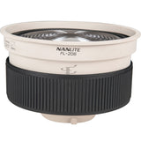 FL-20G Fresnel lens, top view of white housing and ribbed black focus ring