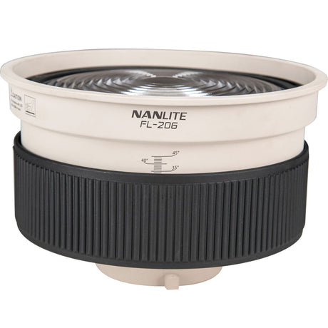 FL-20G Fresnel lens, top view of white housing and ribbed black focus ring