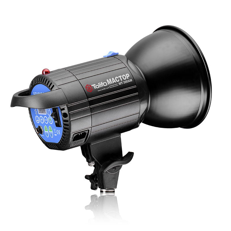 Gray/black studio strobe light with wide reflector hood and side controls