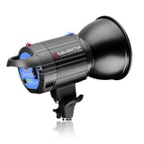 Gray/black studio strobe light with wide reflector hood and side controls