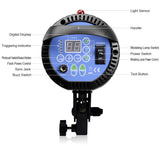Flash head control panel with digital display, power switches, and test button