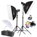 Studio lighting set with two softbox lights on stands, reflector umbrellas, and carry bag