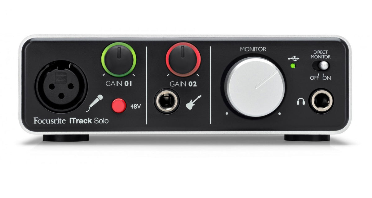 Interfață audio Focusrite iTrack Solo Lightning cu butoane și comutatoare