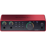 Front view of red Scarlett 2i2 USB-C audio interface, knobs and input jacks