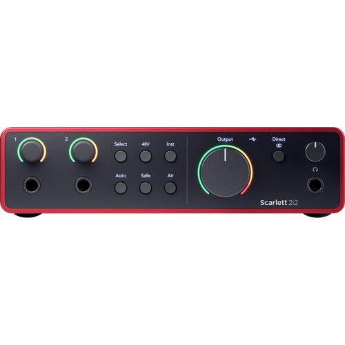 Red audio interface front panel: two input ports, gain dials, and output section