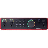 Red audio interface front panel: two input ports, gain dials, and output section