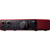 Side angle of red Scarlett 2i2 USB-C audio interface showing front controls and ports