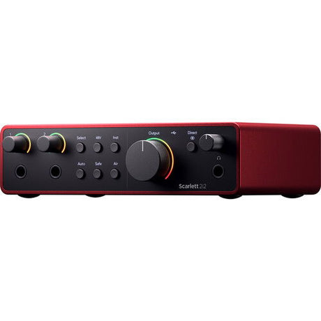 Side angle of red Scarlett 2i2 USB-C audio interface showing front controls and ports