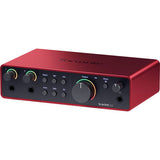 Red Scarlett 2i2 USB-C audio interface angled view with large output knob and controls