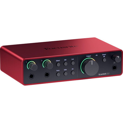 Red USB-C audio interface with two front inputs, gain knobs, and output controls