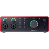 Scarlett 4i4 front view: output volume knob, input controls, headphone jack, red body