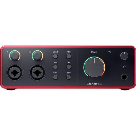Scarlett 4i4 front view: output volume knob, input controls, headphone jack, red body