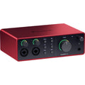 Scarlett 4i4 audio interface, front panel with two input jacks and control knobs