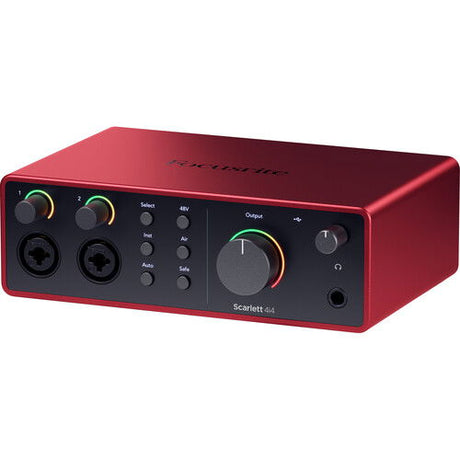 Scarlett 4i4 audio interface angled view, front controls and two input jacks visible