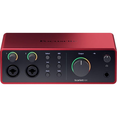 Scarlett 4i4 audio interface front panel, output knob and input controls on red chassis