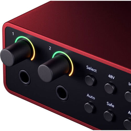 Scarlett 4i4 close-up: green-lit gain knobs, Select button and 48V/AiS buttons