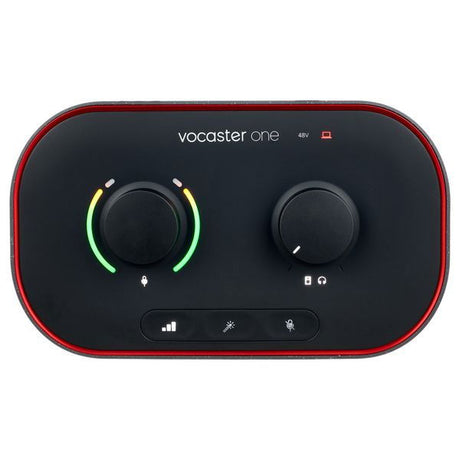 Interfață audio USB, panou negru cu buton stânga cu LED verde și buton dreapta