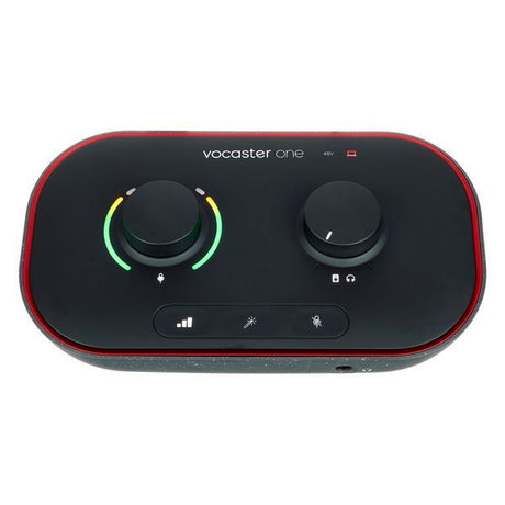 Interfață audio USB, panou negru cu două rotițe și bara de control centrală