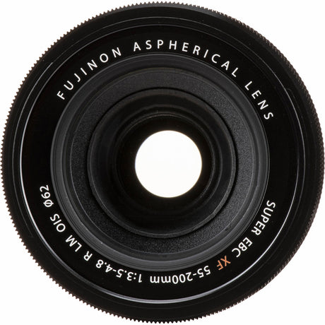 Front view of black 55-200mm camera lens with glass element and ring markings