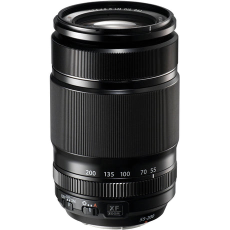 Black 55-200mm zoom camera lens with textured grip and zoom scale on barrel